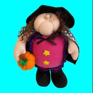 Vintage Halloween 12" Witch Plush Black Hat Boots Pumpkin Stars Cape Goblincore